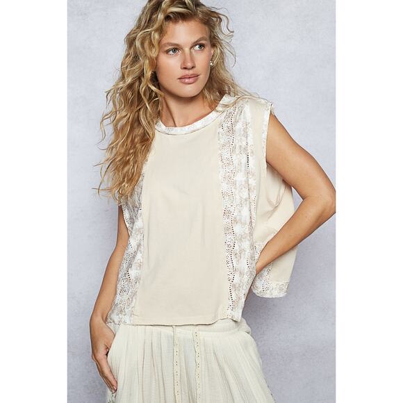 POL Floral Contrast Round Neck Sleeveless Back Detail Relaxed Fit Top | Almond - Picture 5 of 7